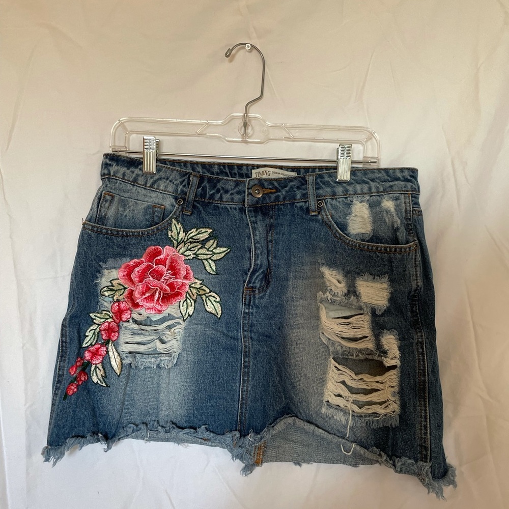 Embroidered Jean Skirt